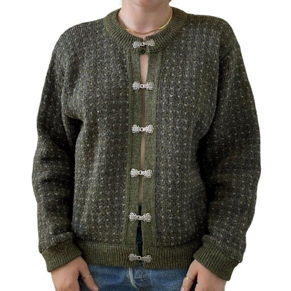 Vintage LL Bean Olive Green Wool Blend Birdseye Made in Norway Cardigan Sz M - Picture 1 of 9